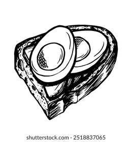 Avocado-Toast mit gekochter Eierzeichnung, Vektorgrafik, Skizzenstil, Gravur, schwarzer Linie und Farbflecken einzeln auf weißem Hintergrund