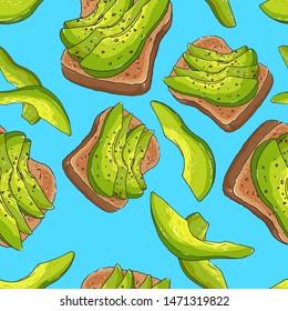 Avocado toast for breakfast. Healthy food. Ripe sliced avocado and whole grain bread. Seamless background with pattern svg
