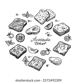 Avocado toast brush stroke textured drawing. Hand drawn vector sketch charcoal vintage illustration. Vector food art, menu design, recipe, breakfast, lunch. Toasted bread with avocado, egg and tomato