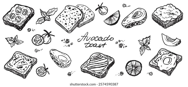 Avocado toast brush stroke textured drawing. Hand drawn vector sketch charcoal vintage illustration. Vector food art, menu design, recipe, breakfast, lunch. Toasted bread with avocado, egg and tomato