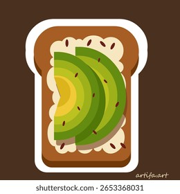 Avocado toast with cream cheese on brown bread. Flat design illustration for healthy fats, vegan lifestyle, or clean eating graphics.