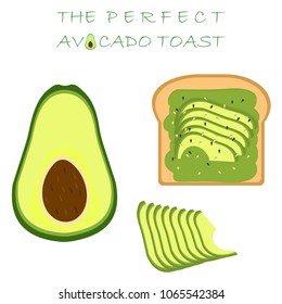 Avocado toast, avocado cut in half and pieces, chopped and smeared on fresh bread with sesame seeds and seasonings, ripe avocado slices isolated on white background, delicious ripe avocado set, vector svg
