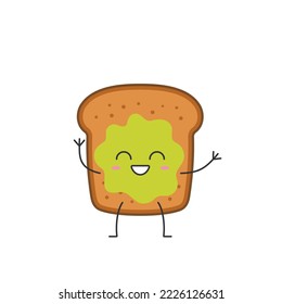 aguacate tostó lindo personaje caricatura sonrisa saluda cara alegre alegría kawaii alegre emociones felices símbolo de desayuno icono de ilustración vector.