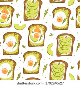 Avocado toast. Cute seamless pattern. Healthy breakfast. Can be used like pattern for textile, greeting cards, posters, fabric or wallpaper.