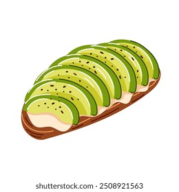 Tostada de aguacate de pan de centeno oscuro con rodajas de aguacate, requesón y pimienta. Estilo de dibujos animados. Desayuno saludable para el menú y el diseño de restaurantes. Ilustración vectorial aislada sobre fondo blanco.