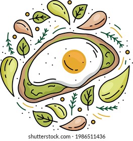 Avocado toast with different leaves and oil drops. Color cartoon piece of bread with fried egg. Round doodle template. Hand drawn vector concept of healthy breakfast. Illustration for poster