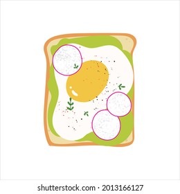 Avocado Toast With Egg. Cute Vegetarian Healthy Breakfast. Flat Hand Drawn Yummy Sandwich With Vegetables And Egg With Seasoning.