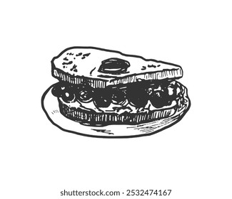 Avocado Toast with Egg. A hand-drawn illustration of a slice of toast topped with mashed avocado, a fried egg, and a sprinkle of salt and pepper. The image in black and white and has vintage, sketch.