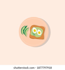 Avocado toast with eggs.  Fast healthy  snack for breakfast, lunch with bread, avocado and eggs on plate. Colorful modern food vector illustration in cartoon flat style.