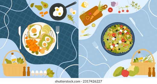 Avocado toast with eggs, morning breakfast restaurant or cafe menu. Sandwich with cereal bread, poached avocado and fried eggs Mediterranean diet. Green lettuce, sliced tomato, paprika vector top view