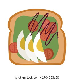Avocado toast with eggs and tomato isolated on white background. Vector hand drawn illustration.