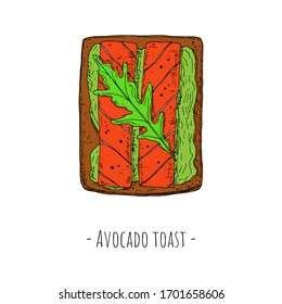 Avocado toast with fish slices and arugula leaf. Top view. Vector cartoon illustration. Isolated object on a white background. Hand-drawn style.