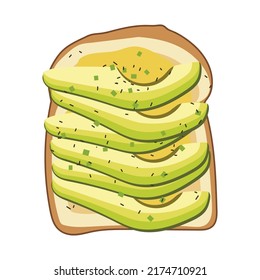 Brasado de aguacate con rodajas frescas de aguacate maduro, sazones y eneldo. Un delicioso sándwich de aguacate. Ilustración del vector aislada en un fondo blanco