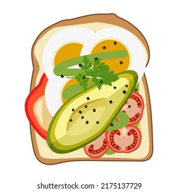 Avocado toast with fresh slices of ripe avocado, seasonings and dill. A delicious avocado sandwich. Vector illustration isolated on a white background