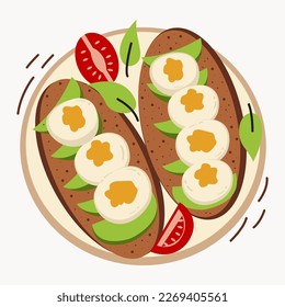 Avocado toast with fresh slices of ripe avocado, eggs, seasoning and dill, tomato. Delicious avocado sandwich. Vector illustration.