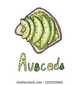 Avocado toast. Fresh toasted bread with slices of ripe avocado. Delicious avocado sandwich with sesame seeds, seasoning and dill. Vector illustration.