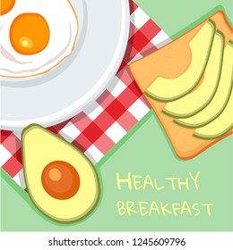 Avocado toast. Fresh toasted bread with slices of ripe avocado. Delicious avocado sandwich with sesame seeds, seasoning and dill. Healthy breakfast Vector illustration.