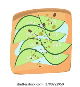 Avocado toast. Fresh toasted bread with slices of ripe avocado.  Delicious avocado sandwich with sesame seeds, seasoning and dill. Vector illustration.Breakfast and healthy lifestyle.Top view. Vector 