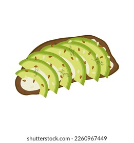 Avocado toast. Fresh toasted dark rye bread with slices of ripe avocado. Delicious avocado sandwich with sesame seeds, seasoning and dill. Vector illustration. svg