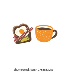 Avocado toast with fried egg and bacon, fresh dill and pepper illustration. Coffee cup.Vector graphic of popular breakfast food of bread with mashed avocado and egg.