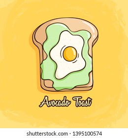 Avocado toast with fried egg and bread.  Cute avocado toast with colored doodle style on yellow background svg