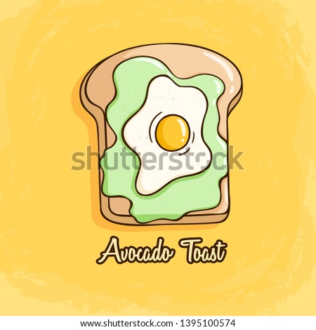 Avocado toast with fried egg and bread.  Cute avocado toast with colored doodle style on yellow background