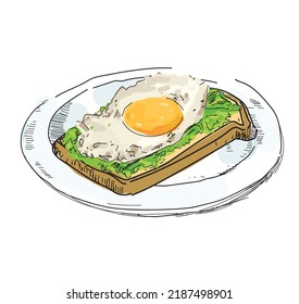 avocado toast with fried egg breakfast illustration traditional delicious food isolated on white background svg
