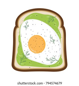 Avocado toast with fried egg, fresh dill and pepper illustration. Vector graphic of popular breakfast food of bread with mashed avocado and egg. svg