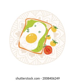 Avocado toast with fried egg on a plate. Flat hand drawn textured healthy breakfast concept. Fresh vegetarian brunch dish.