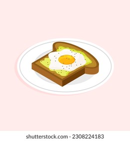 Avocado toast with fried egg on a plate. Tasty healthy breakfast. Roasted sandwich isometric. Vector illustration isolated.