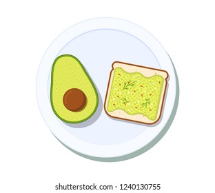 Avocado toast with half of a avocado on a plate. Breakfast and healthy lifestyle. Top view. Vector illustration