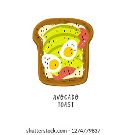 Avocado toast. Hand drawn vector illustration. Healthy wholesome breakfast with green avocado toast and egg