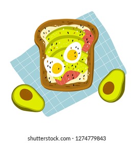 Avocado toast. Hand drawn vector illustration. Healthy wholesome breakfast with green avocado toast and egg