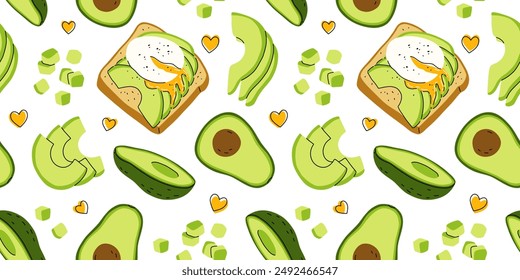 Avocado toast. Hand drawn vector seamless pattern. Healthy wholesome breakfast with green avocado toast and poached egg.