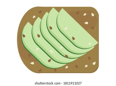 Avocado toast illustration isolated. Avocado slices on toasted bread, vegan sandwich with sesame seeds