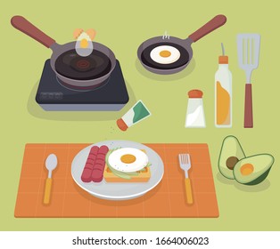 Avocado toast, kitchenware illustration set. brunch, egg Sandwich, sausage, Dessert Vector drawing. Hand drawn style.