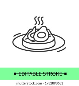 Avocado toast line icon .Toasted bread with slices avocado on a plate.Vegan sandwich.Homemade recipe.Isolated linear vector food illustration.Editable stroke