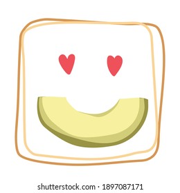 Avocado toast in love. Vector flat illustration. In love, emodji, fun, print design. Vegan food 