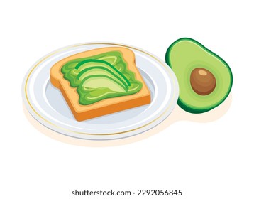 Avocado toast on a plate icon vector. Healthy breakfast with toasted bread and avocado fruit still life vector on a white background