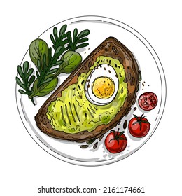 Avocado toast on plates. Breakfast vector sketch. A piece of bread and greens. healthy eating
 svg