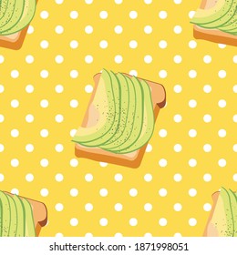 Avocado toast on yellow background, seamless vector illustration.