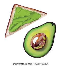 avocado and avocado toast painting, food on white background, oil painting on canvas