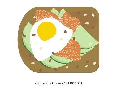 Avocado Toast With Poached Egg And Salmon Illustration Isolated. Avocado Smoked Lox Slices On Bread, Vegan Sandwich With Seeds