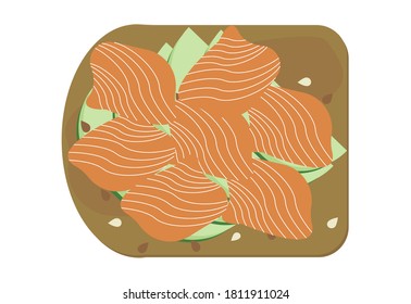 Avocado toast with poached egg and salmon illustration. Avocado slices on toasted bread, vegan sandwich with smoked lox and sesame seeds