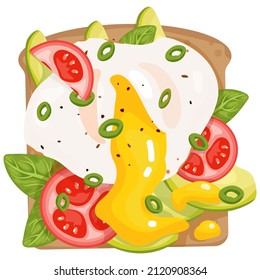 Tostadas de aguacate, huevo pochado, rodajas de tomate y hojas de albahaca. Ilustración vectorial de desayuno brillante.