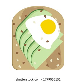 Avocado toast with poached egg vector illustration isolated. Avocado slices on toasted bread, vegan sandwich with sesame seeds