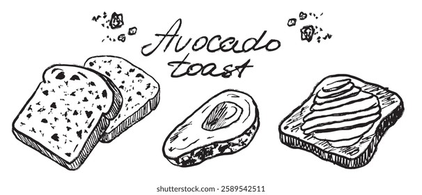 Avocado toast recipe in black brush stroke texture isolated on white background. Hand drawn vector sketch illustration in vintage charcoal ink style. Menu design, recipe, heathy nutrition print