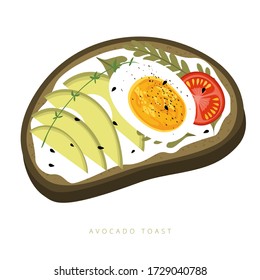Avocado toast with rye bread, slices of avocado, cream cheese, hard boiled egg, and sesame. Tasty Lunch. Flat vector Illustration. Isolated on white background tasty sandwich for menu design