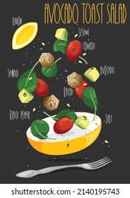 Avocado toast salad. Vector illustration
