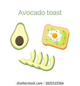 Avocado toast. Sandwich with bread, avocado, egg, dill and sesame seeds, isolated on white background. Organic healthy food. Vector cartoon illustration.